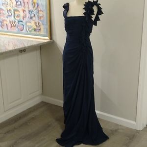 Tadashi Shoji navy ruched strappy evening gown